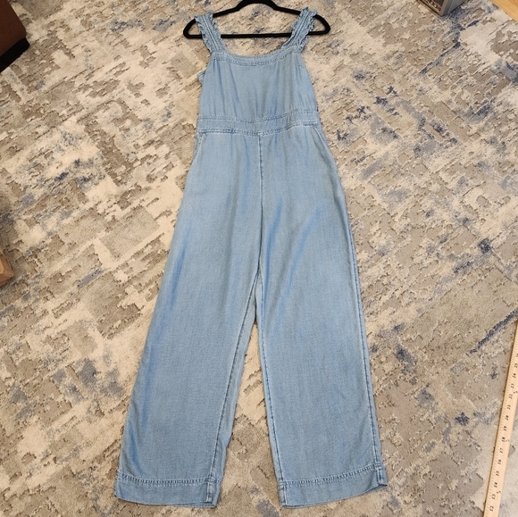 Loft Linen Lyocell Chambray Ruffle Strap Square Neck Jumpsuit.  Size 2. Pockets - Picture 12 of 16